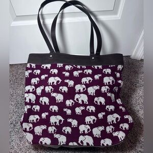 Elephant Print Tote Bag Faux Leather Trim Large Shoulder Bag Jewell
